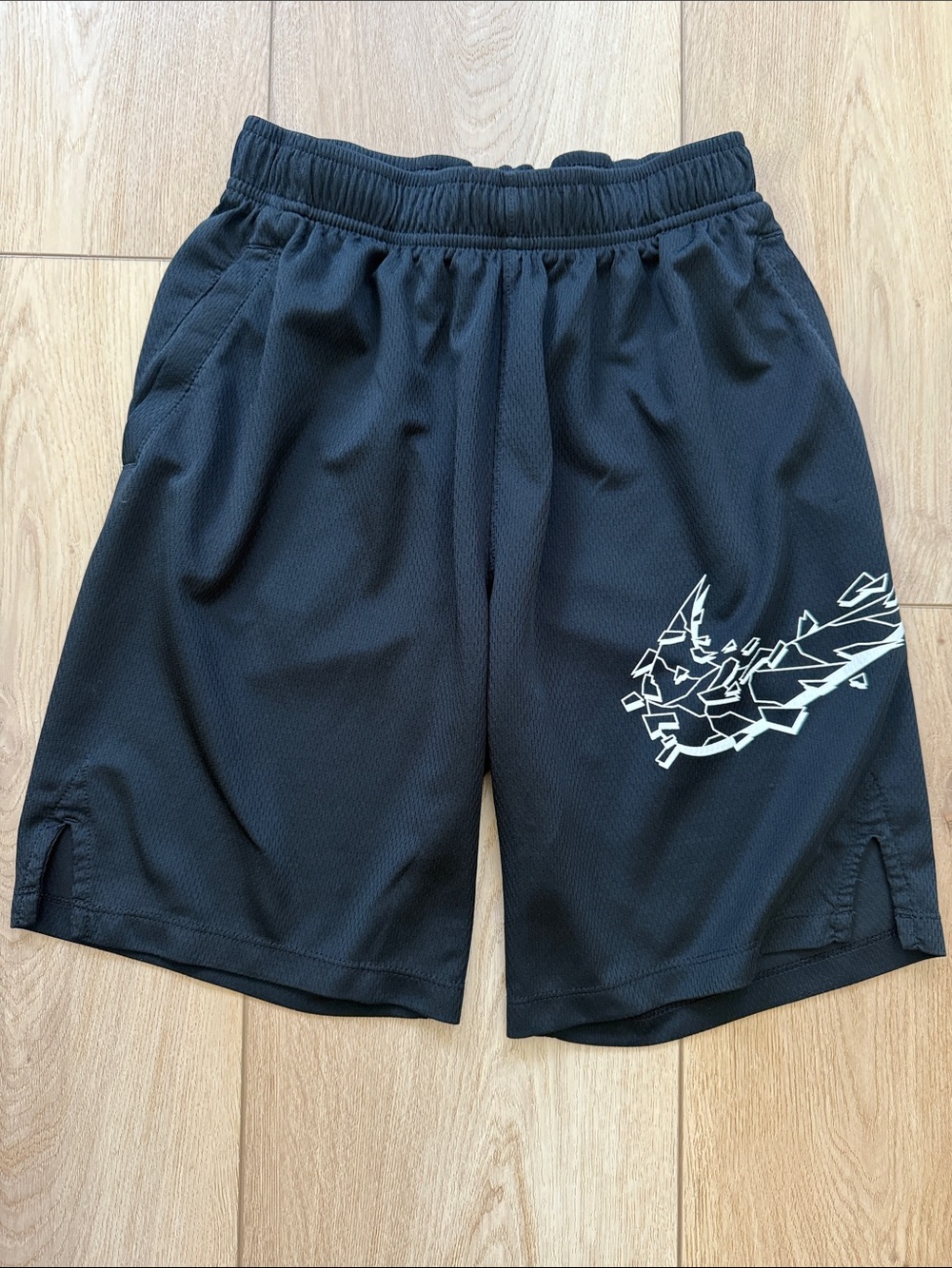 Nike Black Athletic Shorts with White Fragmented Swoosh Size Large